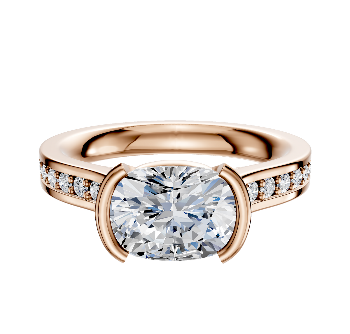 The 18K Rose Gold Bezel Half Bezel East/West Cathedral Flat 1-Row-Pave 2.5mm Engagement Ring features an oval center diamond in a bezel setting with small round pave diamonds along the band, displayed on a white background.