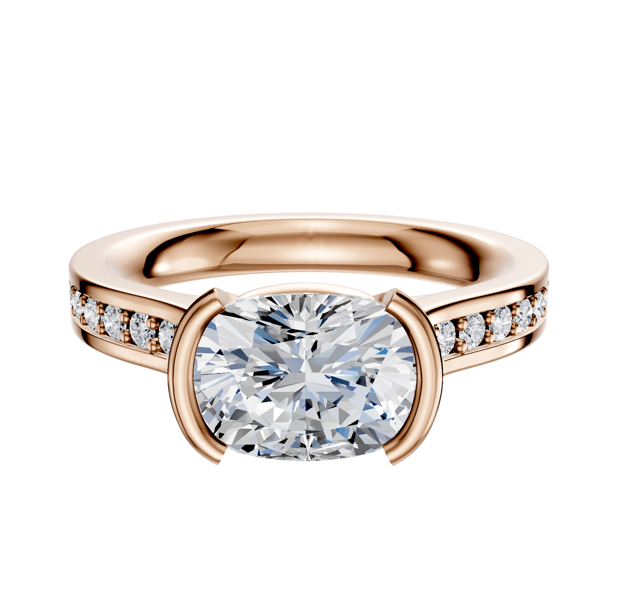 The 18K Rose Gold Bezel Half Bezel East/West Cathedral Flat 1-Row-Pave 2.5mm Engagement Ring features an oval center diamond in a bezel setting with small round pave diamonds along the band, displayed on a white background.