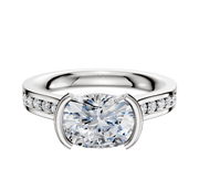 A 14K two tone bezel half bezel East/West cathedral flat 1-row-pave 2.5mm engagement ring, featuring a central diamond and pave-set diamonds along the band, showcased on a plain white background.