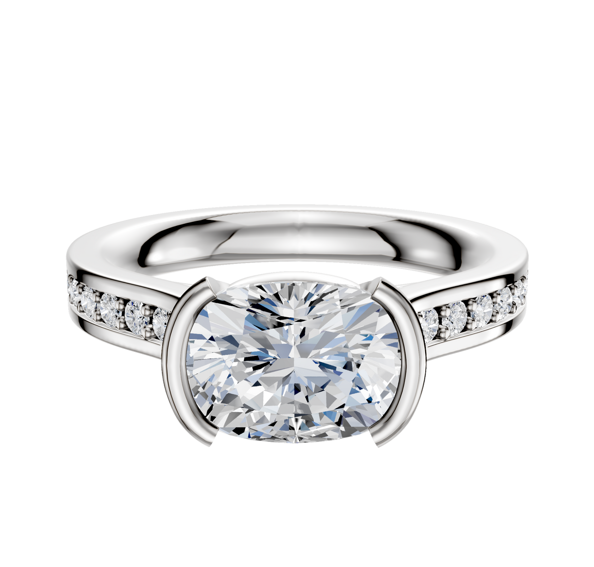 An 18K white gold engagement ring featuring a flat band, east/west cathedral setting, bezel half bezel design, and a single row of pave-set diamonds along the 2.5mm band.