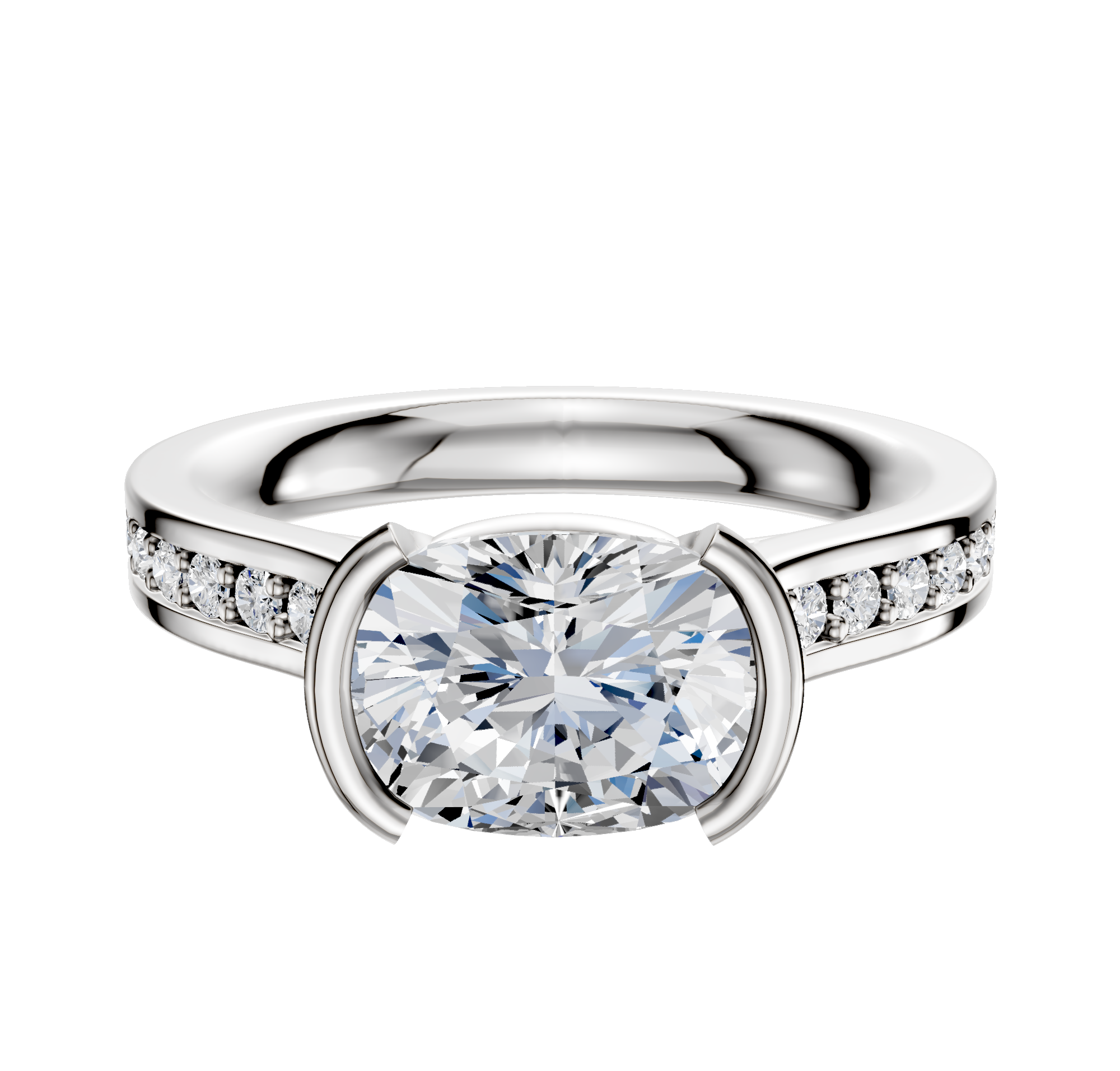 The 18K Two Tone Bezel Half Bezel East/West Cathedral Flat 1-Row-Pave 2.5mm Engagement Ring features a striking center set in a modern east/west bezel and sparkling pave accents, elegantly displayed on a white background.