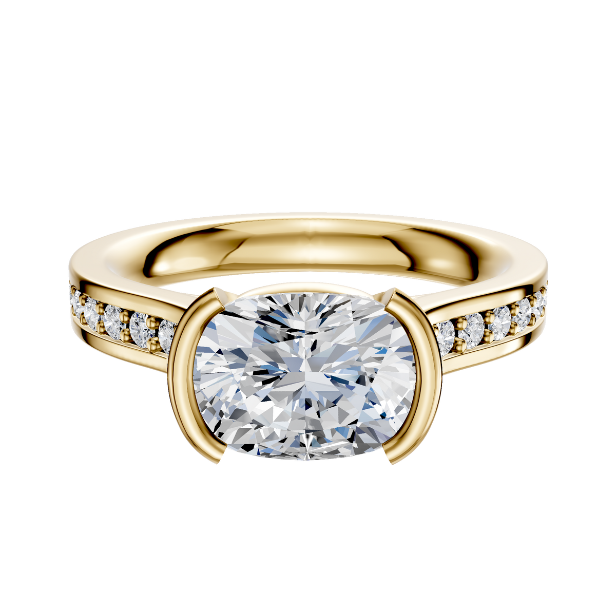 A 14K yellow gold engagement ring featuring a flat cathedral band with a 2.5mm oval center stone in an east/west half bezel and one row of pave diamonds along the band.