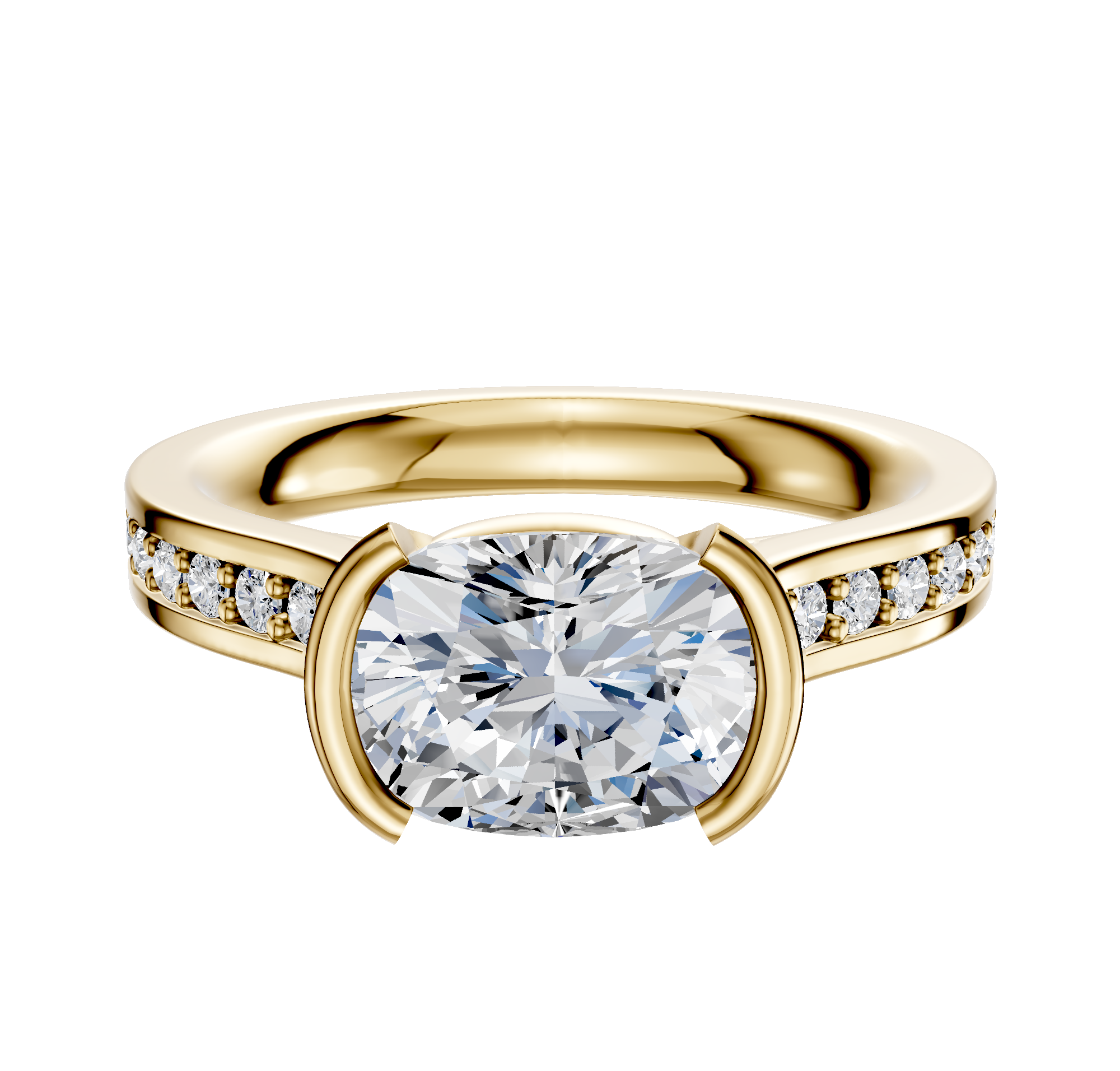 A 14K yellow gold engagement ring featuring a flat cathedral band with a 2.5mm oval center stone in an east/west half bezel and one row of pave diamonds along the band.