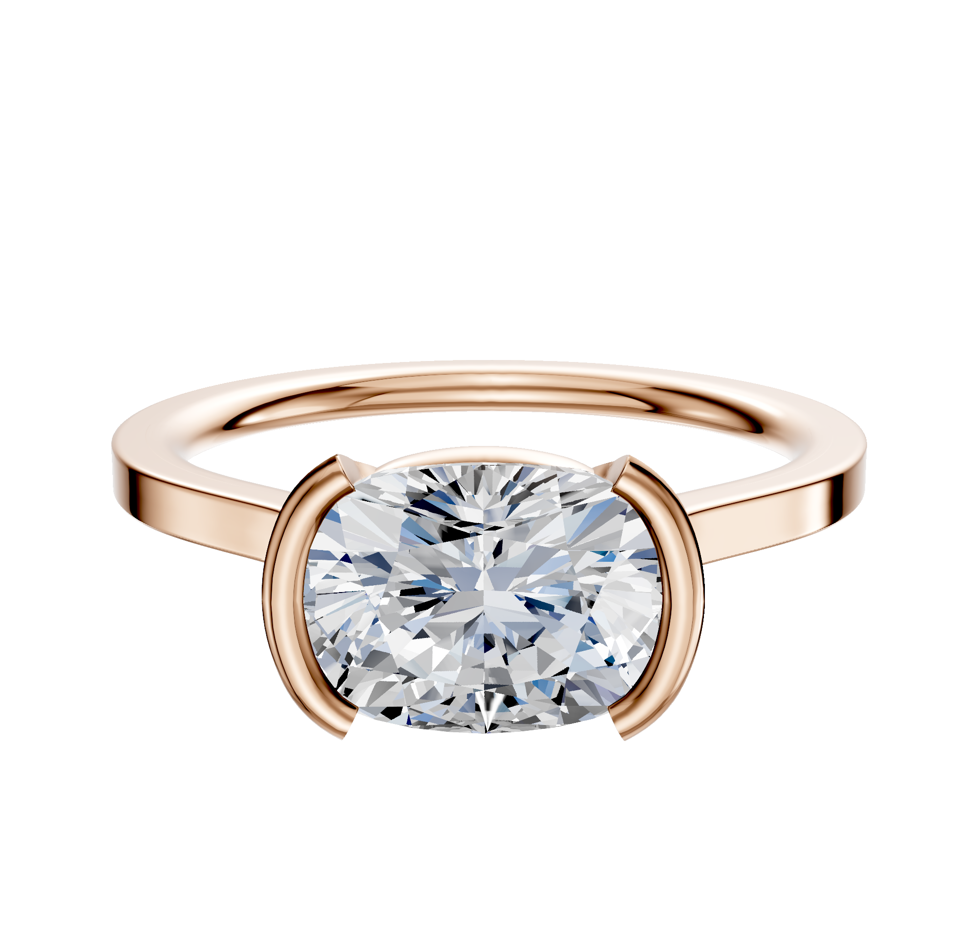 The 14K Rose Gold Bezel Half Bezel East/West Cathedral Flat 1.5mm Engagement Ring showcases a modern cushion-cut diamond in a bezel setting, elegantly presented against a plain white background.