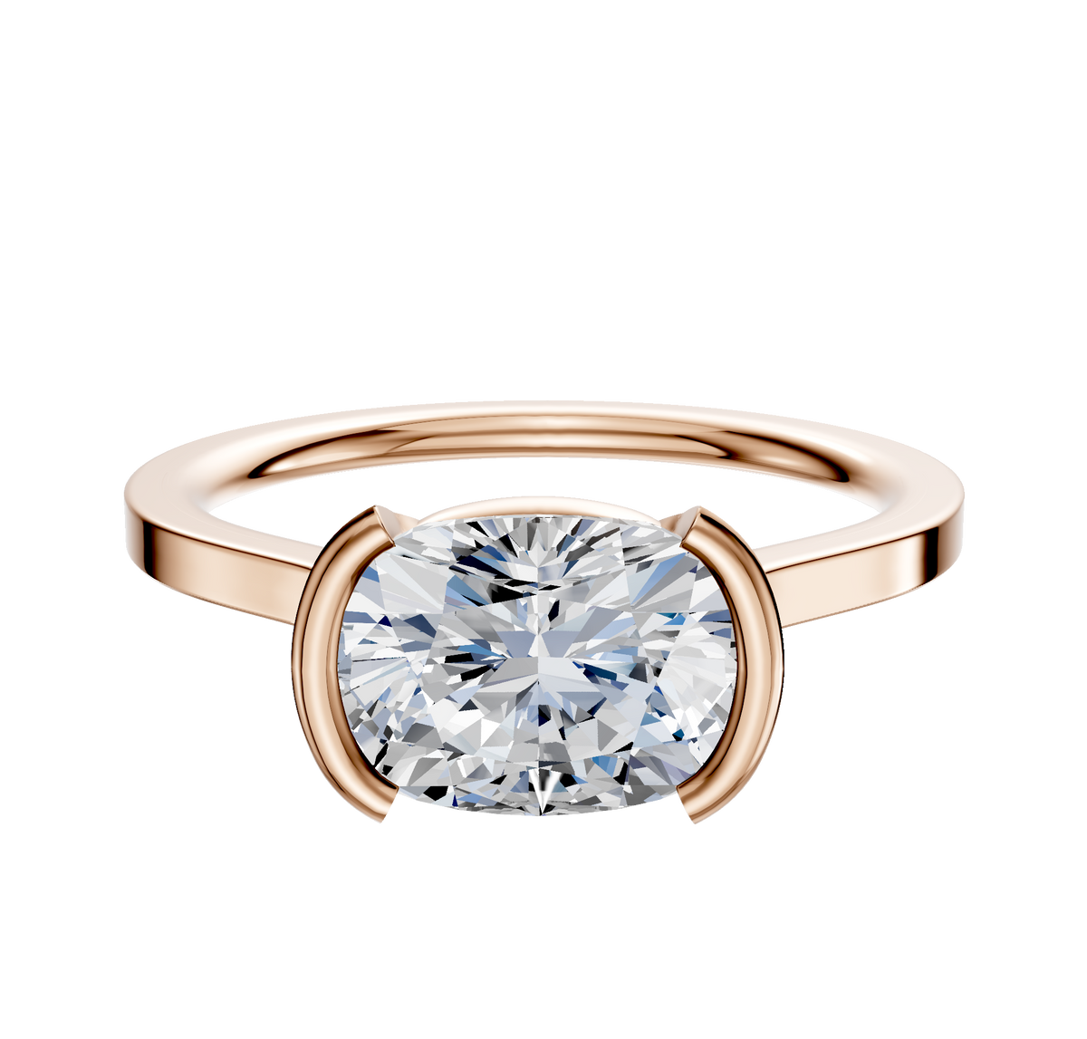 An 18K rose gold Bezel Half Bezel East/West Cathedral Flat 1.5mm engagement ring is shown on a white background.