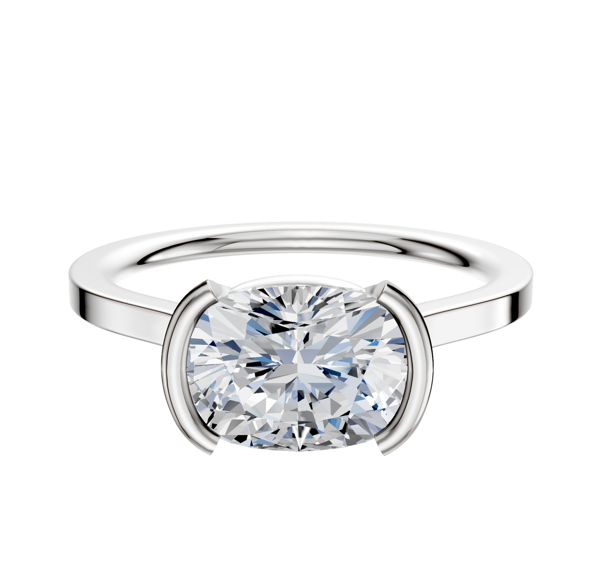 A 14K White Gold Bezel Half Bezel East/West Cathedral Flat 1.5mm Engagement Ring is shown against a plain white background.