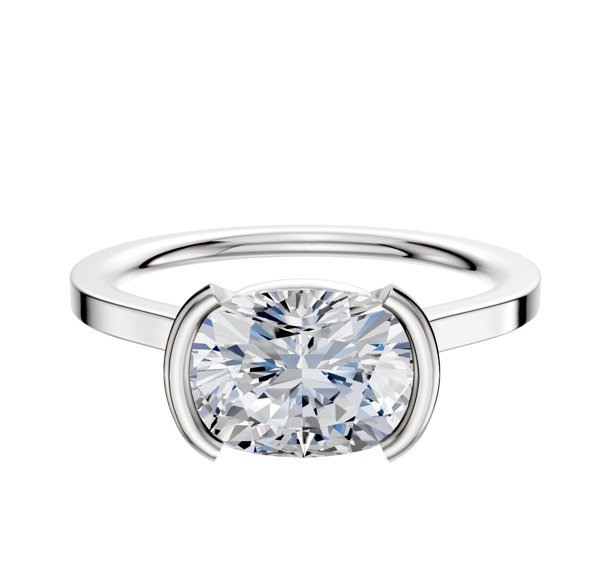 A 14K White Gold Bezel Half Bezel East/West Cathedral Flat 1.5mm Engagement Ring is shown against a plain white background.