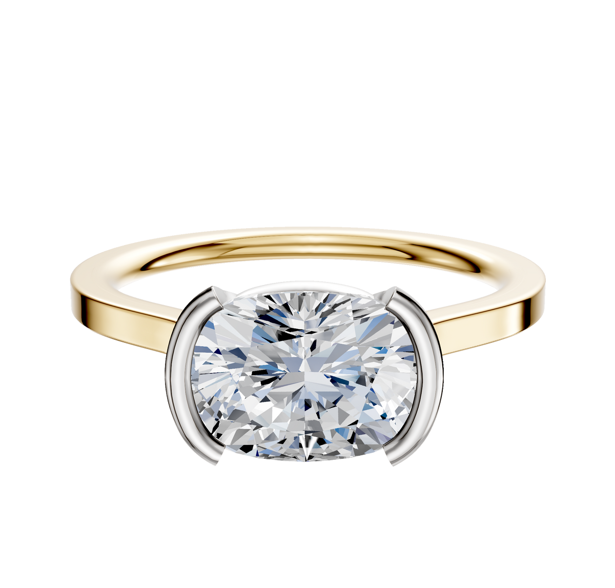 An 18K two-tone bezel half bezel East/West cathedral flat 1.5mm engagement ring, shown on a plain white background.