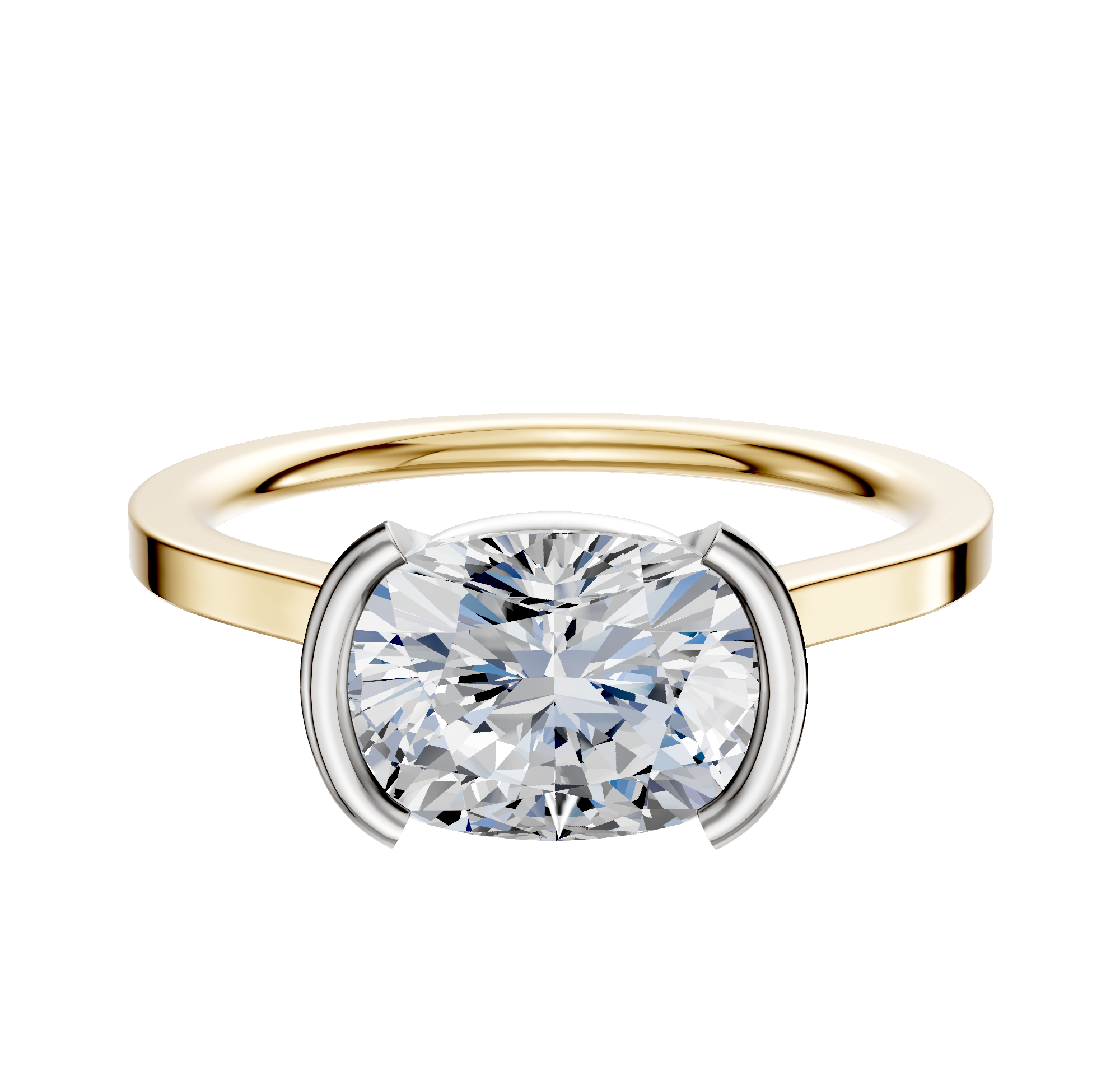 An 18K two-tone bezel half bezel East/West cathedral flat 1.5mm engagement ring, shown on a plain white background.