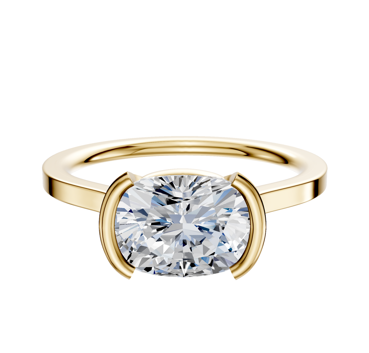 A 14K yellow gold engagement ring featuring a cushion-cut diamond in a modern east/west half bezel cathedral setting with two gold prongs, displayed on a plain white background.