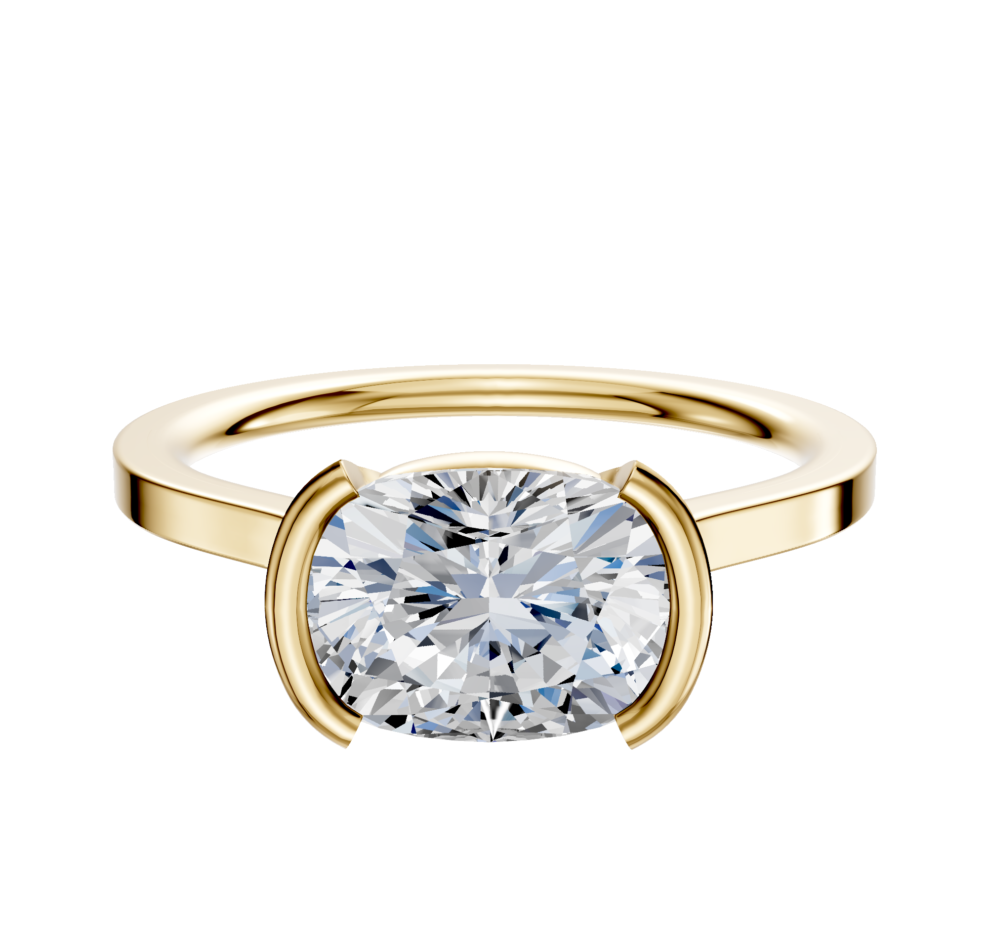 An 18K Yellow Gold Bezel Half Bezel East/West Cathedral Flat 1.5mm Engagement Ring is displayed with a large cushion-cut diamond in a modern bezel-style setting against a plain white background.