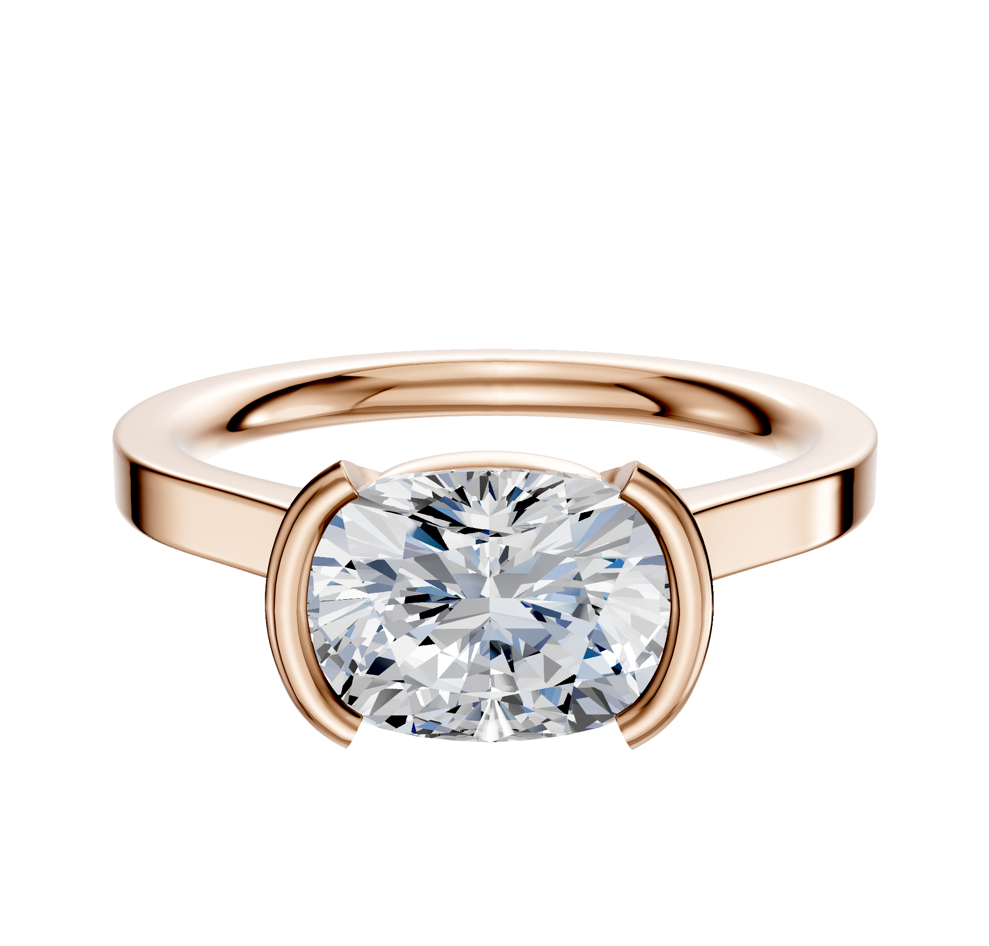 A 14K rose gold Bezel Half Bezel East/West Cathedral Flat 2.0mm engagement ring is shown on a plain white background.