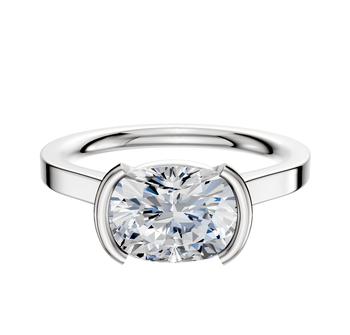 A 14K white gold engagement ring with a flat 2.0mm band and an East/West cathedral bezel setting, shown against a plain white background.