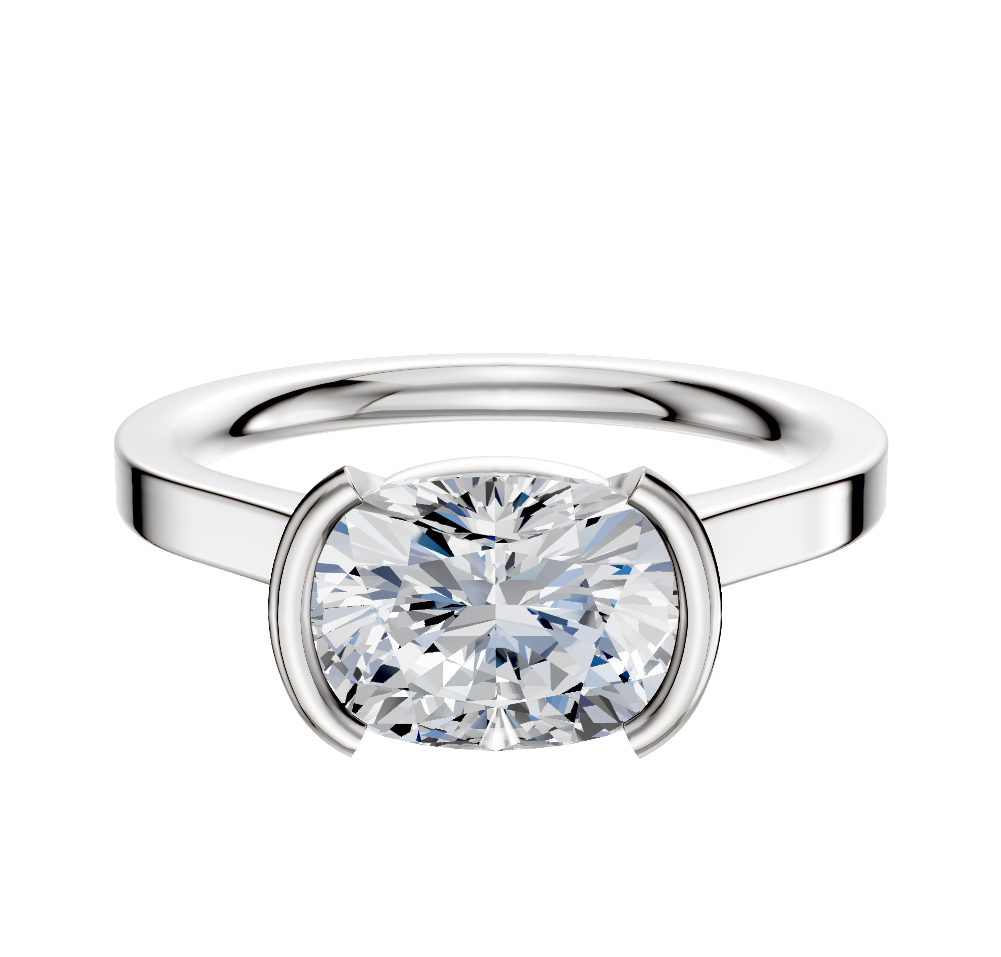 A Platinum Bezel Half Bezel East/West Cathedral Flat 2.0mm Engagement Ring showcased against a plain white background, featuring a sleek, modern design with an elegant bezel setting.