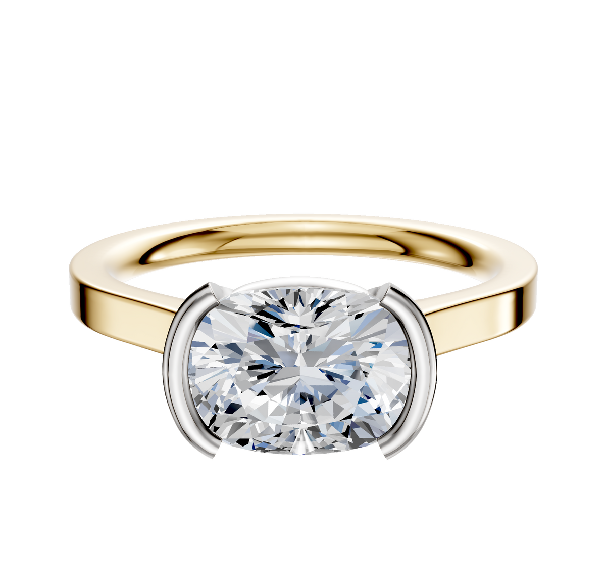 An 18K two-tone bezel half bezel East/West cathedral flat 2.0mm engagement ring with a large cushion-cut diamond set in four white metal prongs, displayed on a plain white background.