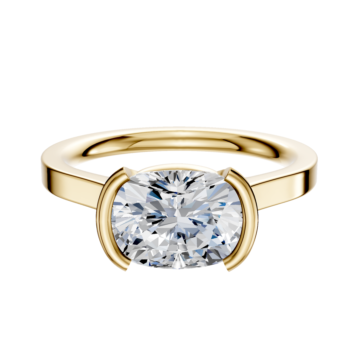 An 18K yellow gold half bezel East/West cathedral flat 2.0mm engagement ring is shown with a cushion-cut diamond in a modern minimalist setting, displayed on a plain white background.