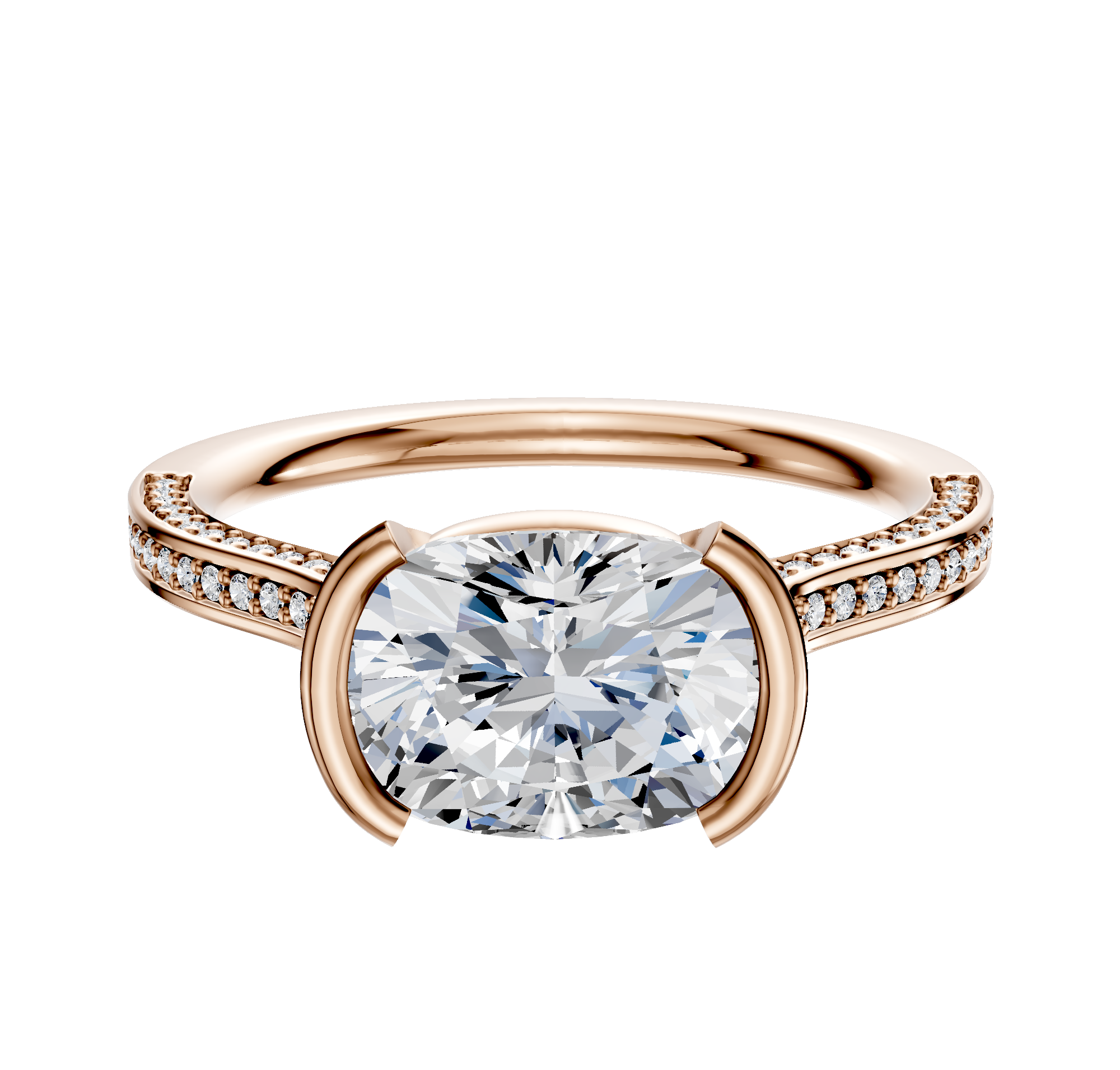 An 18K rose gold engagement ring featuring a bezel and half bezel east/west cathedral setting with a flat band, adorned with three rows of pavé diamonds and measuring 2.0mm wide.