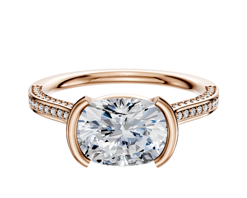 18K Rose Gold Bezel Half Bezel East/West Cathedral Flat 3-Row-Pave 2.0mm Engagement Ring