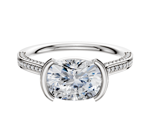 14K White Gold Bezel Half Bezel East/West Cathedral Flat 3-Row-Pave 2.0mm Engagement Ring