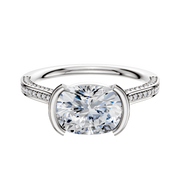 A 14K White Gold Bezel Half Bezel East/West Cathedral Flat 3-Row-Pave 2.0mm engagement ring, featuring a cushion-cut diamond centerpiece and round accent diamonds on the band, displayed against a plain white background.