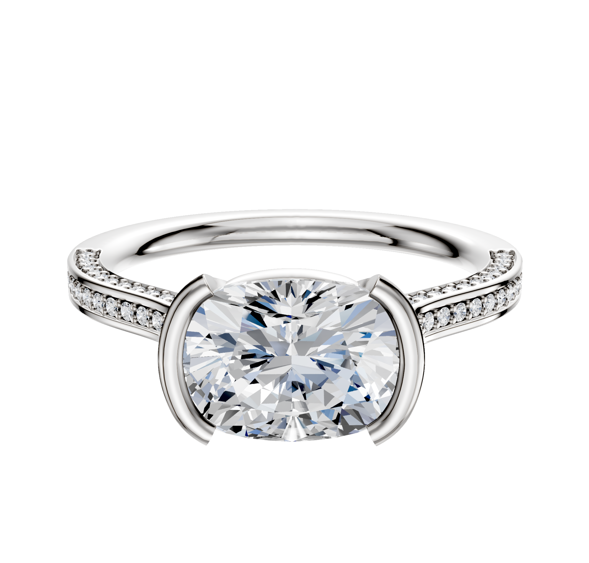 A 14K White Gold Bezel Half Bezel East/West Cathedral Flat 3-Row-Pave 2.0mm engagement ring, featuring a cushion-cut diamond centerpiece and round accent diamonds on the band, displayed against a plain white background.