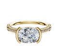 A 14K yellow gold bezel half-bezel East/West cathedral engagement ring with a flat band and three rows of 2.0mm pave-set diamonds, displayed on a white background.