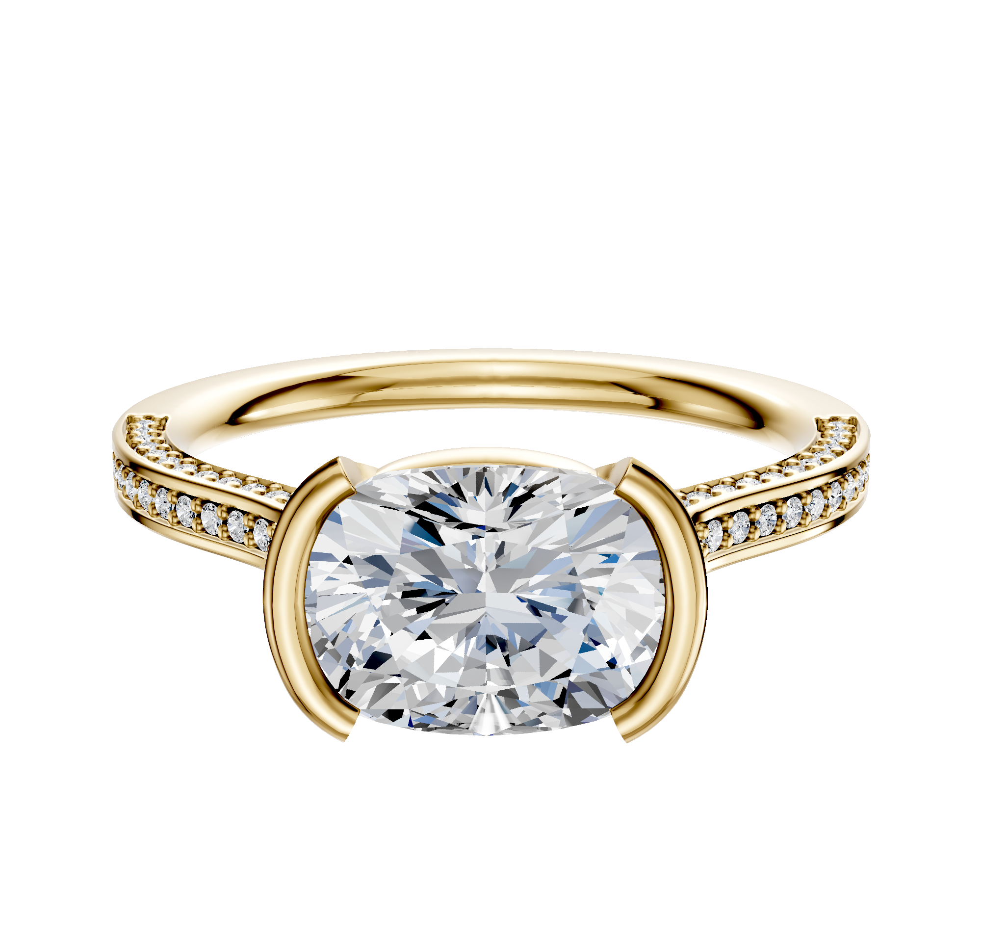 An 18K yellow gold engagement ring featuring a flat band with three rows of pave-set diamonds and a bezel half-bezel east/west cathedral setting.