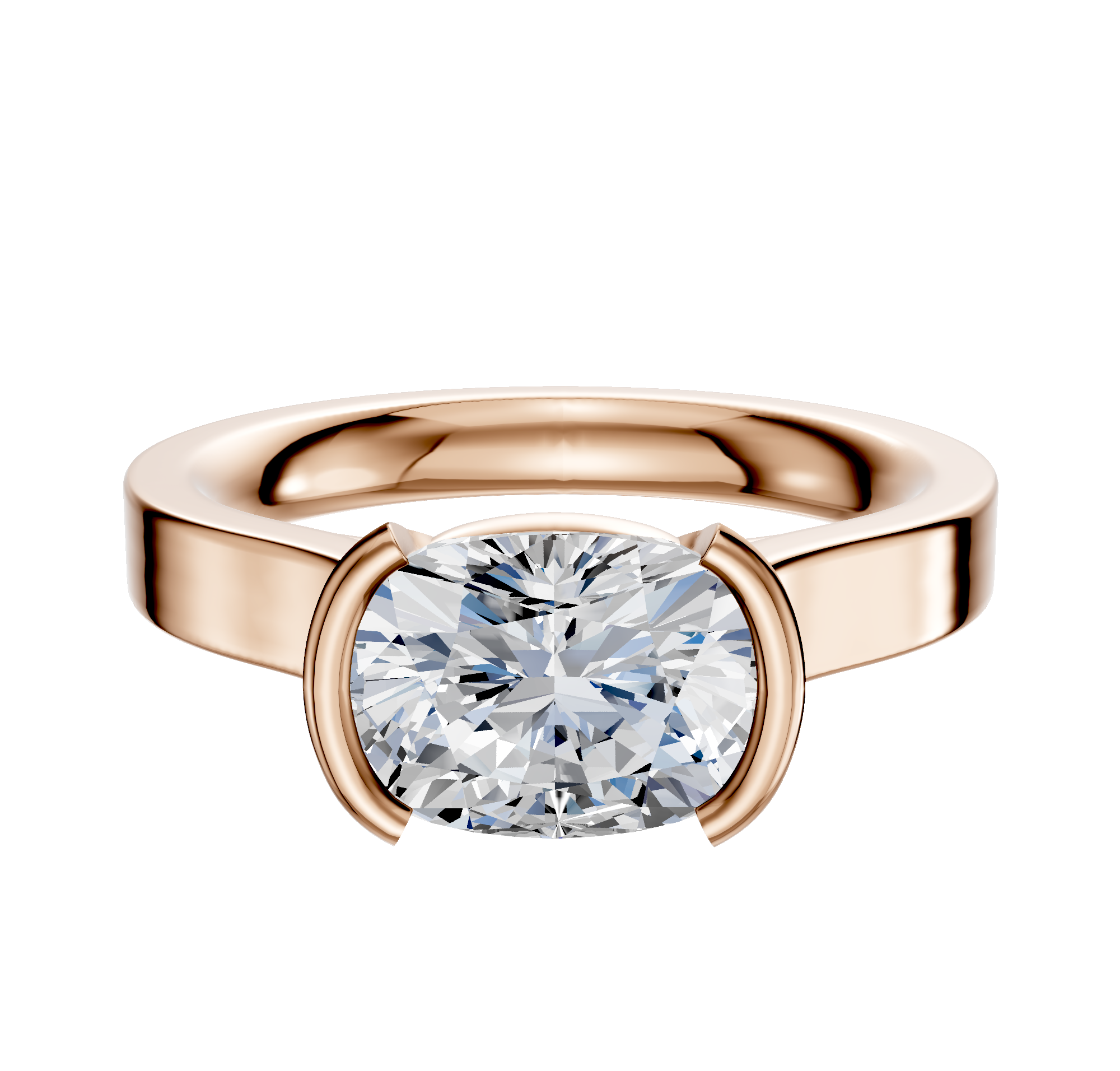 The 18K Rose Gold Bezel Half Bezel East/West Cathedral Flat 3.0mm Engagement Ring features a wide band and modern partial bezel setting, showcased against a plain white background.
