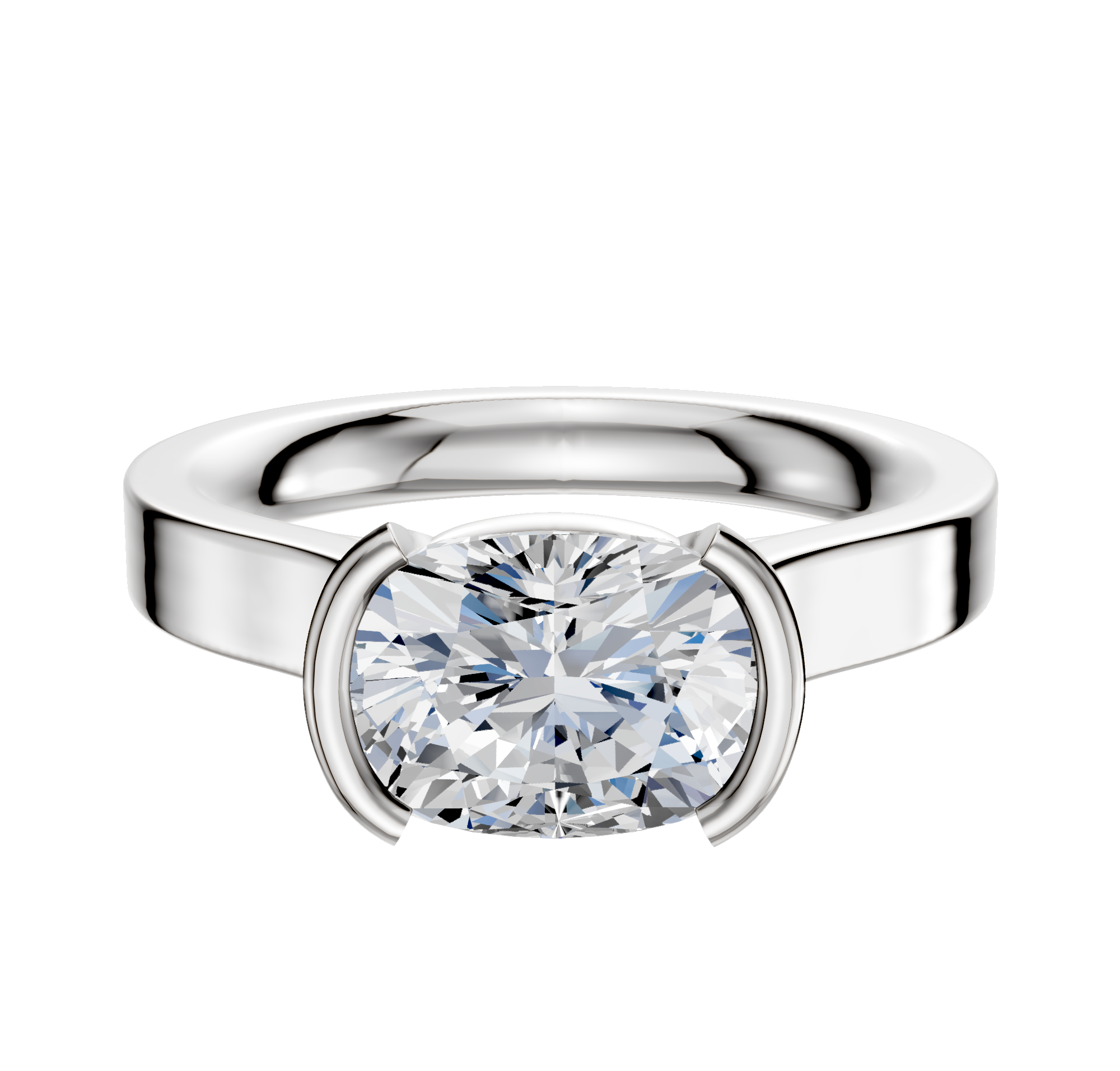 A 14K white gold cathedral flat engagement ring with a 3.0mm bezel half bezel east/west setting, shown on a plain white background.