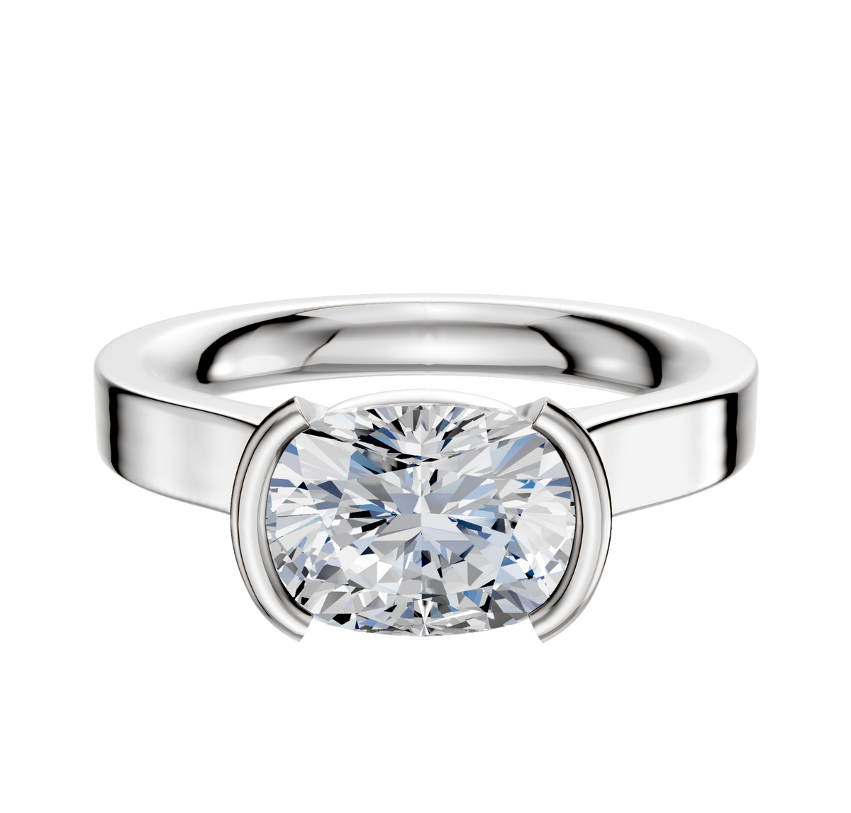 A Platinum Bezel Half Bezel East/West Cathedral Flat 3.0mm Engagement Ring is displayed against a plain white background.