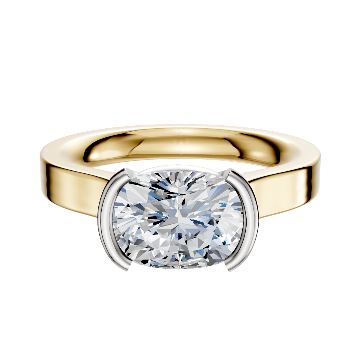 An 18K two-tone half bezel East/West cathedral flat 3.0mm engagement ring with a modern white metal setting, shown on a plain white background.