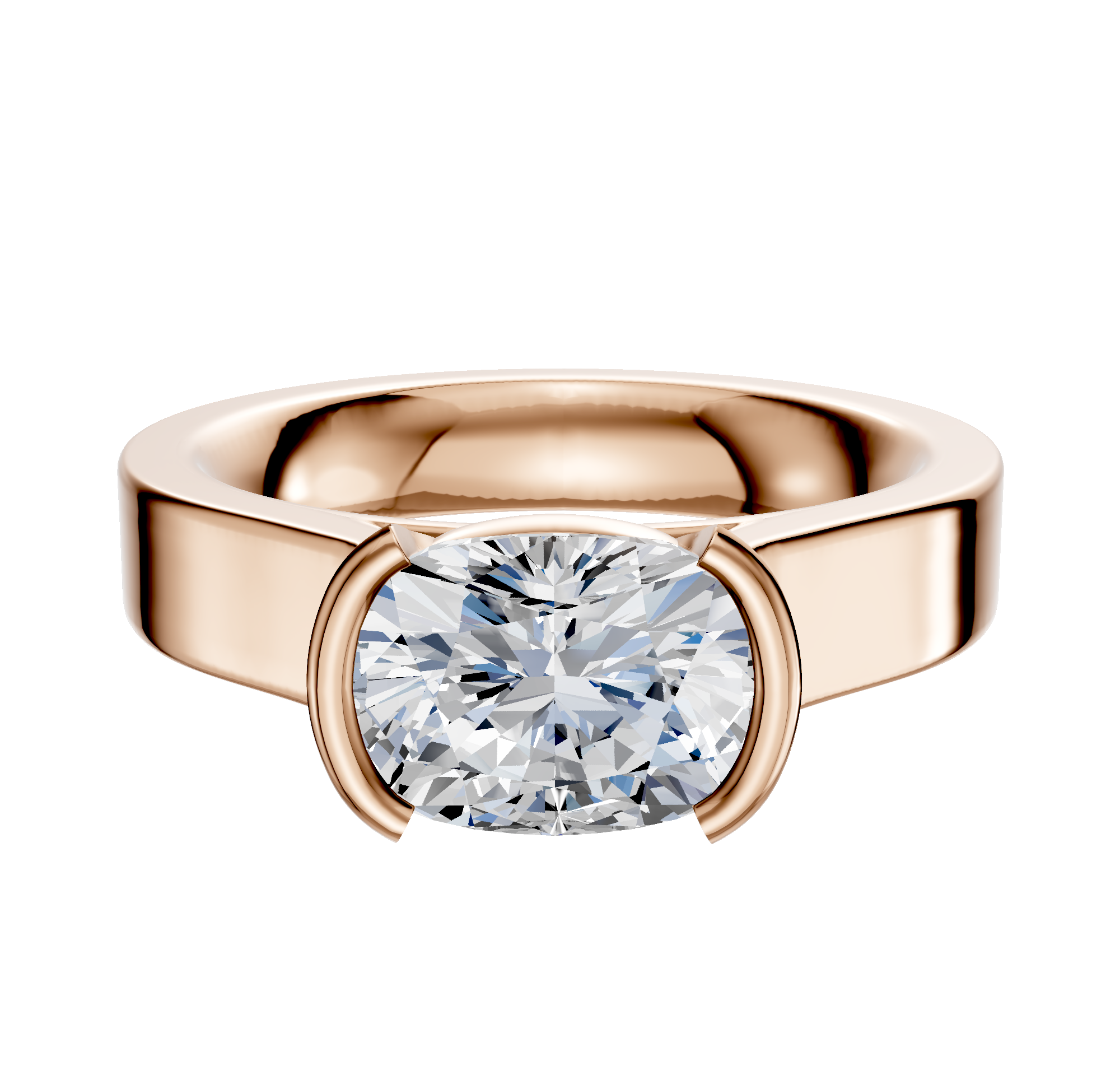A 14K rose gold engagement ring with a 4.0mm flat band featuring an oval diamond in a modern east/west cathedral bezel half bezel setting.