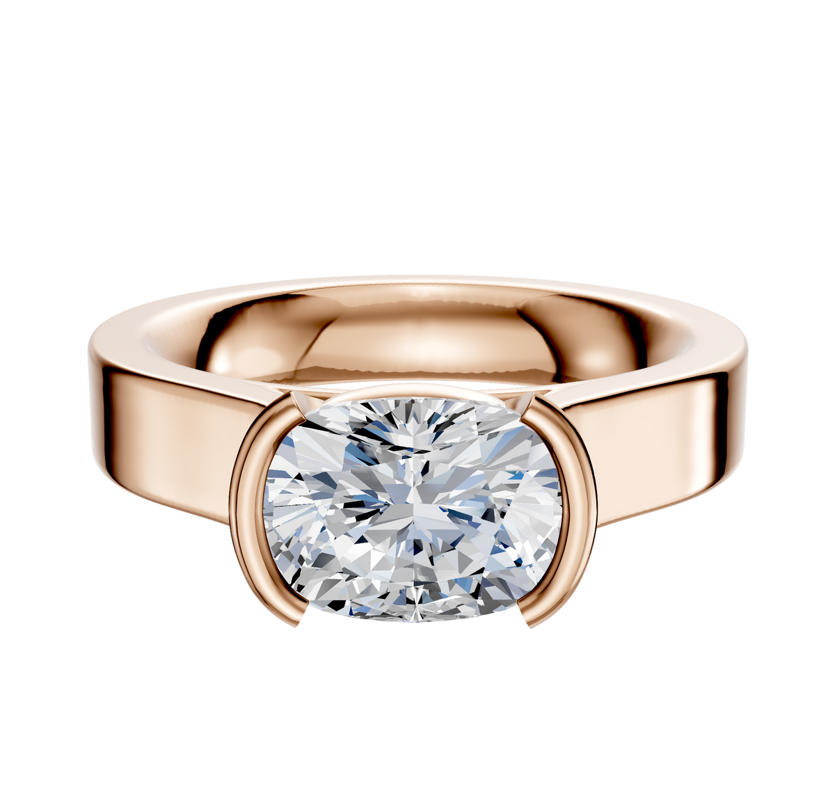 A 14K rose gold East/West cathedral engagement ring with a flat half-bezel setting and a 4.0mm oval-cut diamond, shown against a plain white background.