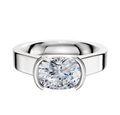 A 14K white gold engagement ring with a flat 4.0mm band, showcasing a large oval-cut diamond in a modern half bezel east/west cathedral setting, displayed against a plain white background.