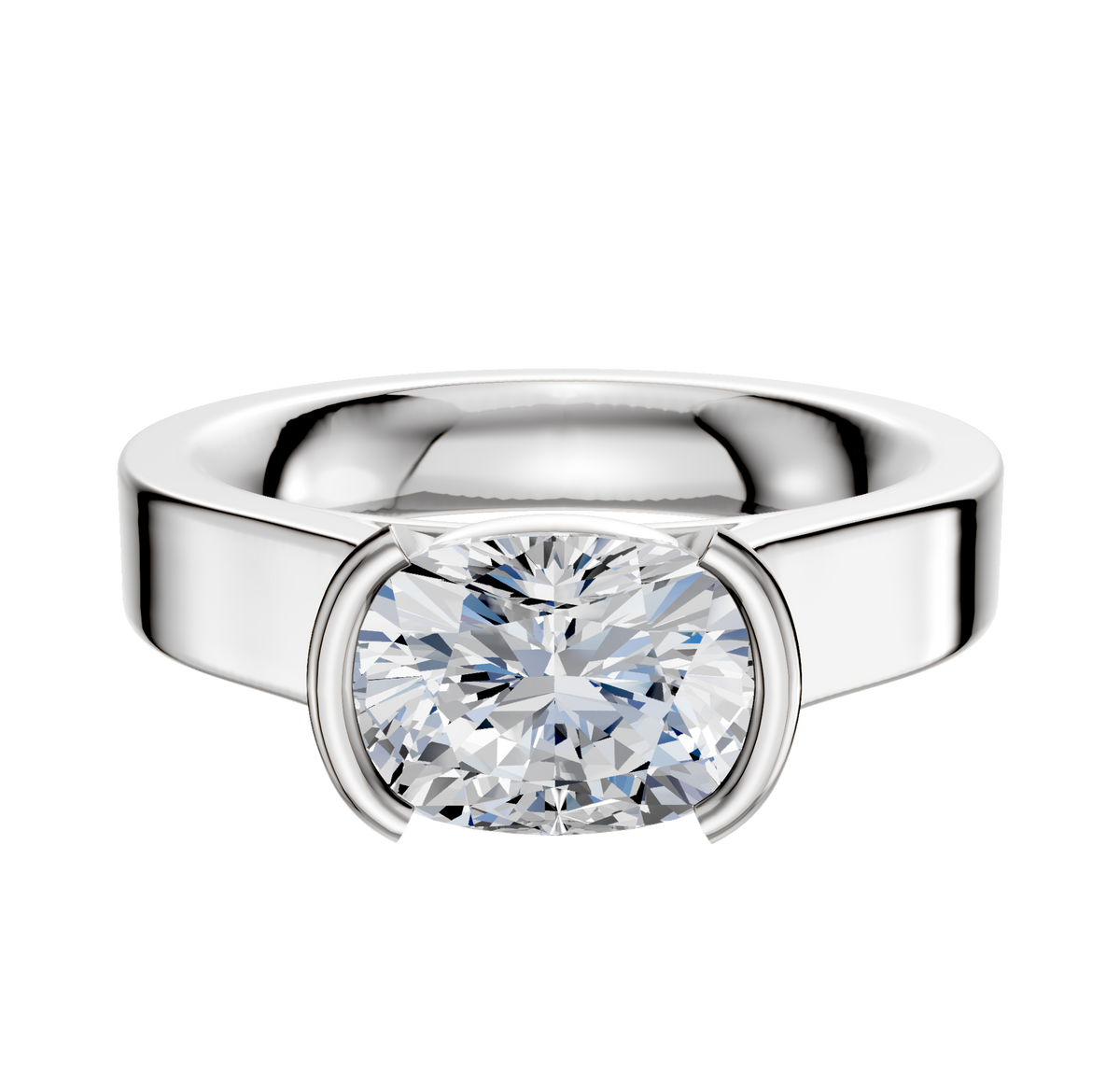 A 14K white gold engagement ring with a flat 4.0mm band, showcasing a large oval-cut diamond in a modern half bezel east/west cathedral setting, displayed against a plain white background.