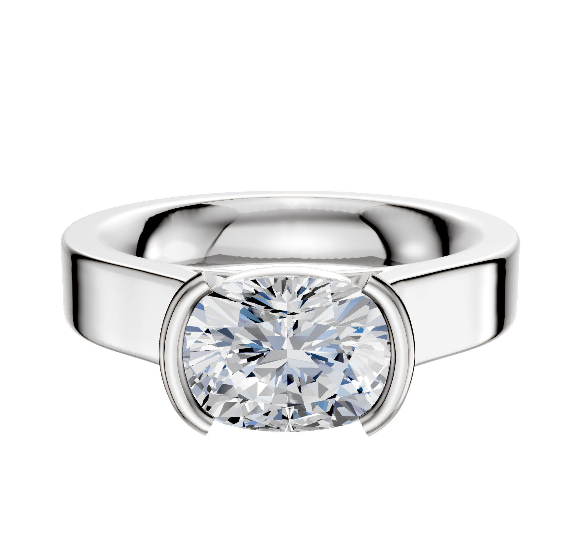 A Platinum Bezel Half Bezel East/West Cathedral Flat 4.0mm Engagement Ring with a thick band and large oval-cut clear gemstone, held by two partial prongs on each side, displayed against a plain white background.
