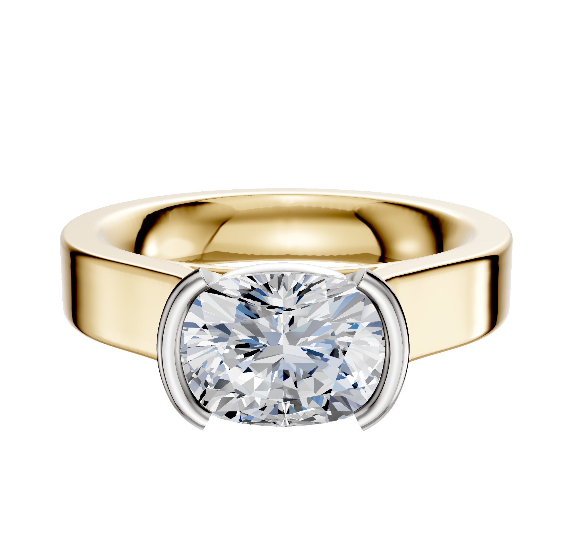 A 14K two tone East/West cathedral flat engagement ring featuring a wide band and a large oval diamond in a half bezel setting with two metal prongs, shown on a plain white background.