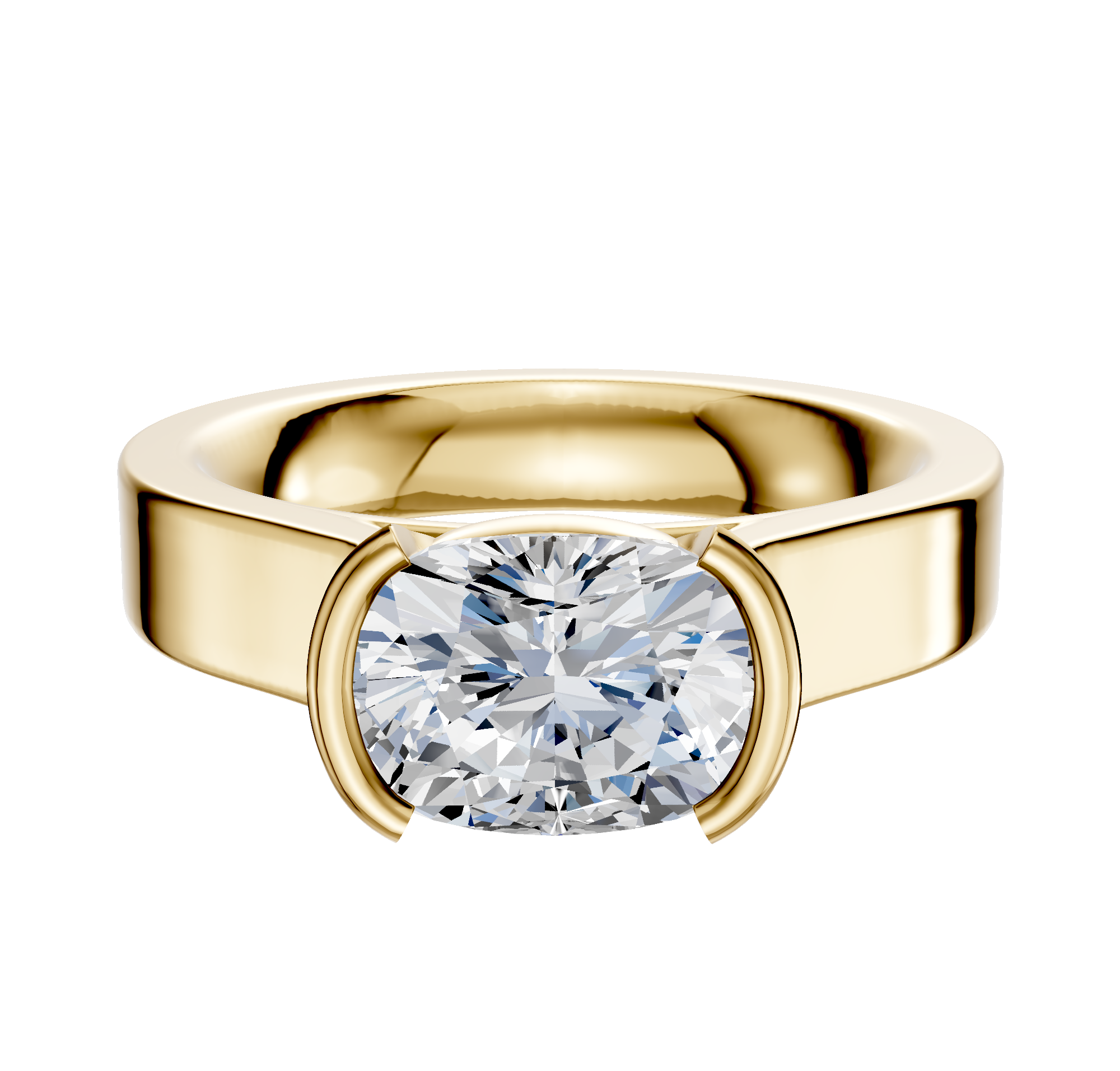 The 14K Yellow Gold Bezel Half Bezel East/West Cathedral Flat 4.0mm Engagement Ring showcases a sleek wide band with a round diamond in a modern bezel setting, elegantly displayed on a plain white background.