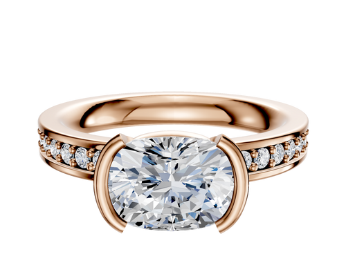 14K Rose Gold Bezel Half Bezel East/West Classic Flat 1-Row-Pave 2.5mm Engagement Ring