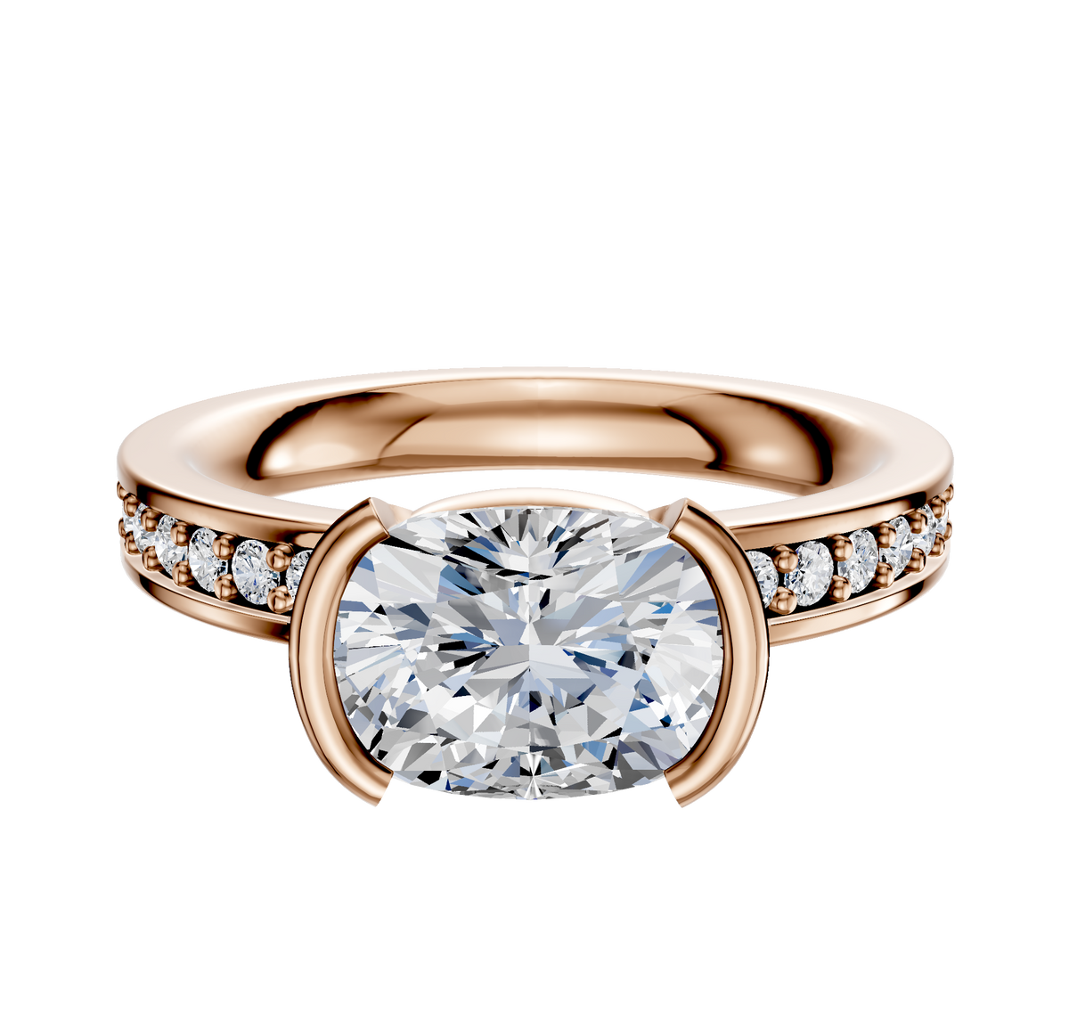 The 18K Rose Gold Bezel Half Bezel East/West Classic Flat 1-Row-Pave 2.5mm Engagement Ring features a large cushion-cut diamond centerpiece with smaller round diamonds on the band, shown against a white background.