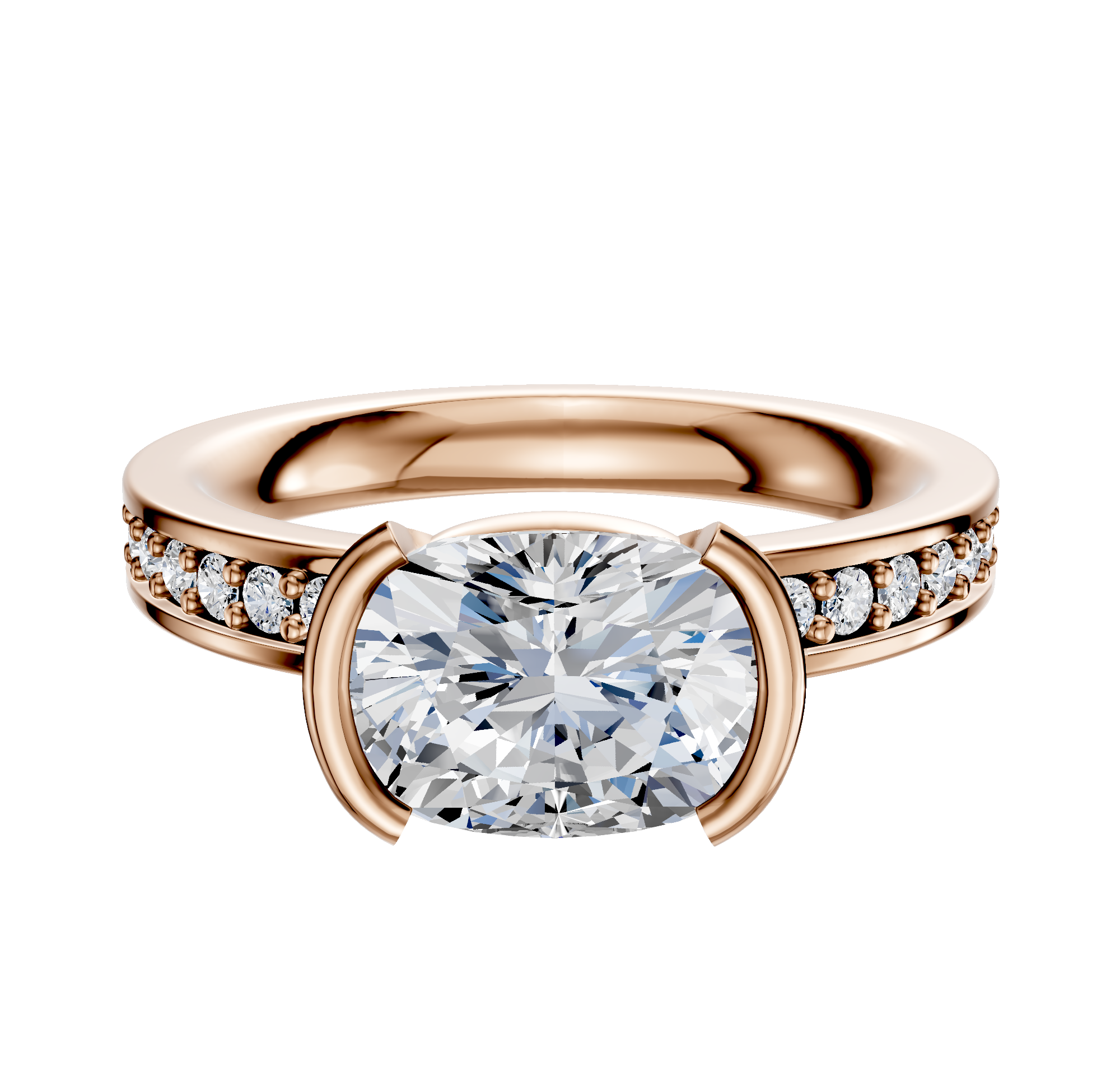 The 18K Rose Gold Bezel Half Bezel East/West Classic Flat 1-Row-Pave 2.5mm Engagement Ring features a large cushion-cut diamond centerpiece with smaller round diamonds on the band, shown against a white background.