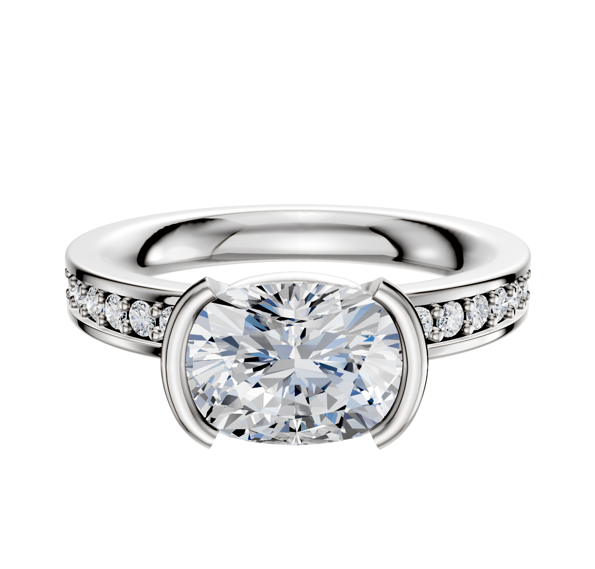 A platinum engagement ring with a flat 2.5mm band features an east/west bezel-set center stone and a half-bezel design, accented by a single row of pave diamonds.