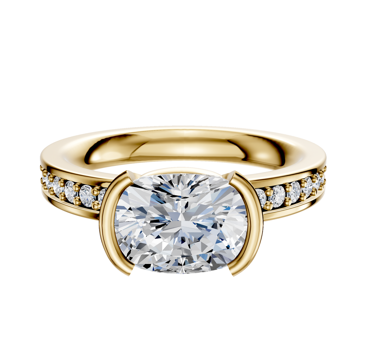 The 14K Yellow Gold Bezel Half Bezel East/West Classic Flat 1-Row-Pave 2.5mm Engagement Ring features a large oval diamond centerpiece and smaller pave diamonds along the band, shown against a white background.