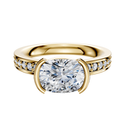 The 14K Yellow Gold Bezel Half Bezel East/West Classic Flat 1-Row-Pave 2.5mm Engagement Ring features a large oval diamond centerpiece and smaller pave diamonds along the band, shown against a white background.