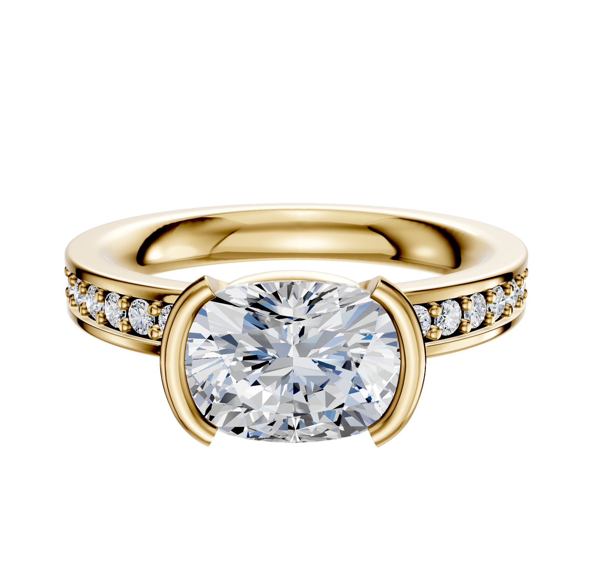 The 14K Yellow Gold Bezel Half Bezel East/West Classic Flat 1-Row-Pave 2.5mm Engagement Ring features a large oval diamond centerpiece and smaller pave diamonds along the band, shown against a white background.