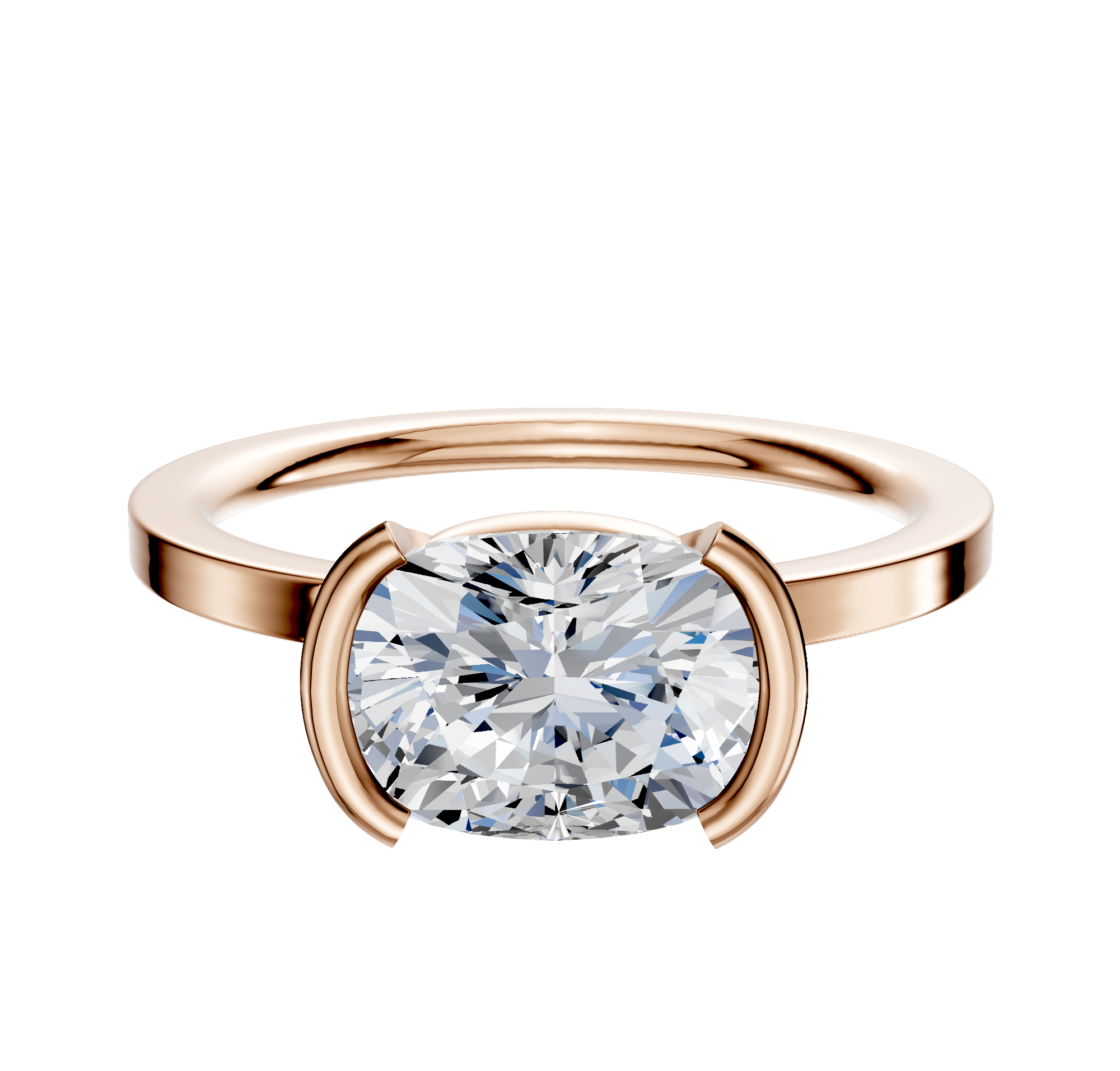 A 14K rose gold Bezel Half Bezel East/West Classic Flat 1.5mm engagement ring is displayed on a plain background.