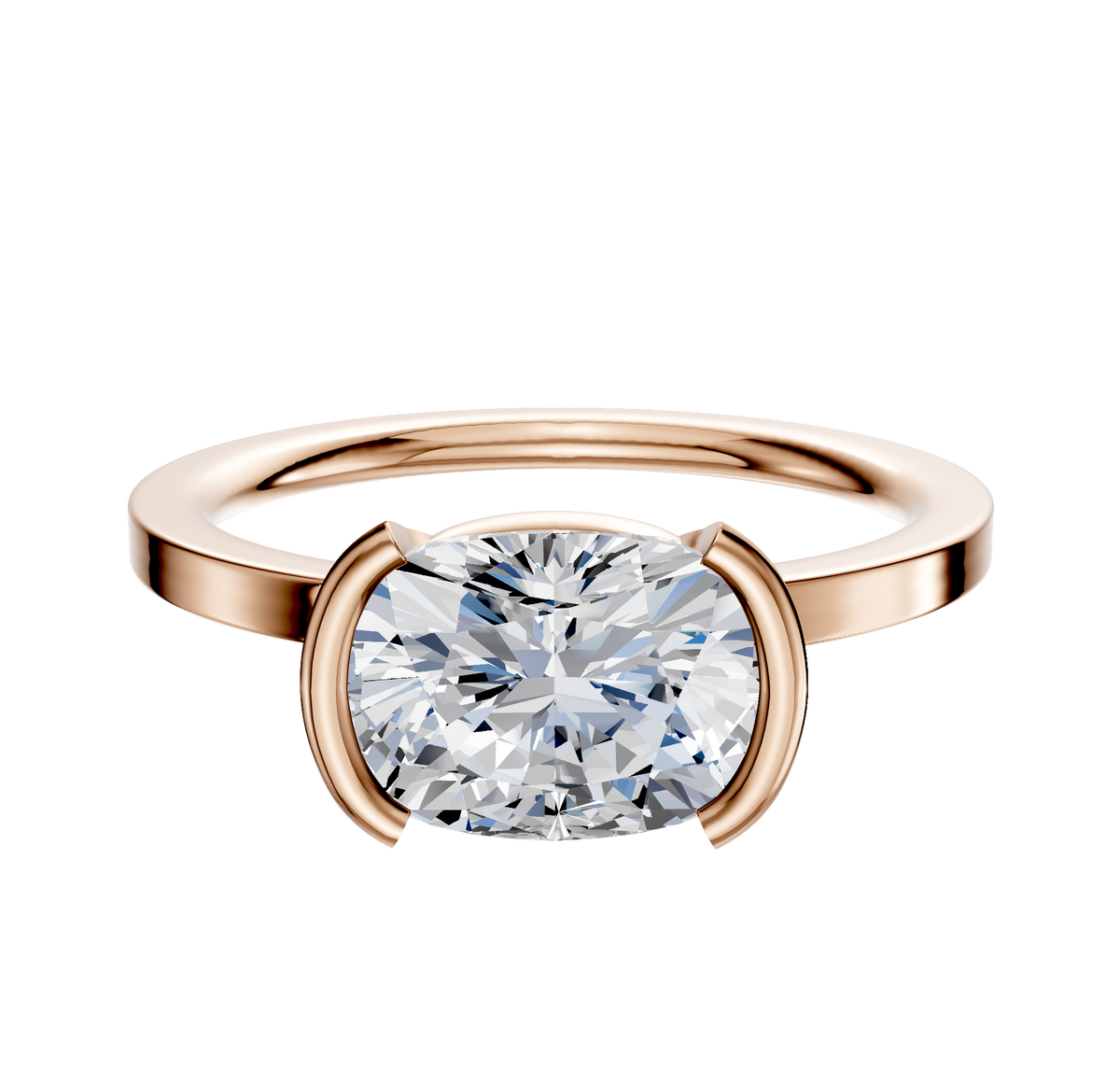 A close-up of the 18K Rose Gold Bezel Half Bezel East/West Classic Flat 1.5mm Engagement Ring.