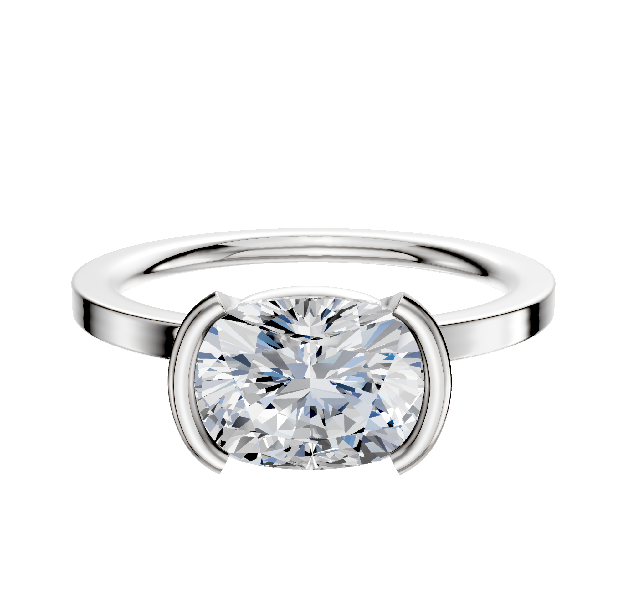 A 14K white gold East/West classic flat engagement ring with a 1.5mm band and half bezel setting, shown on a plain white background.