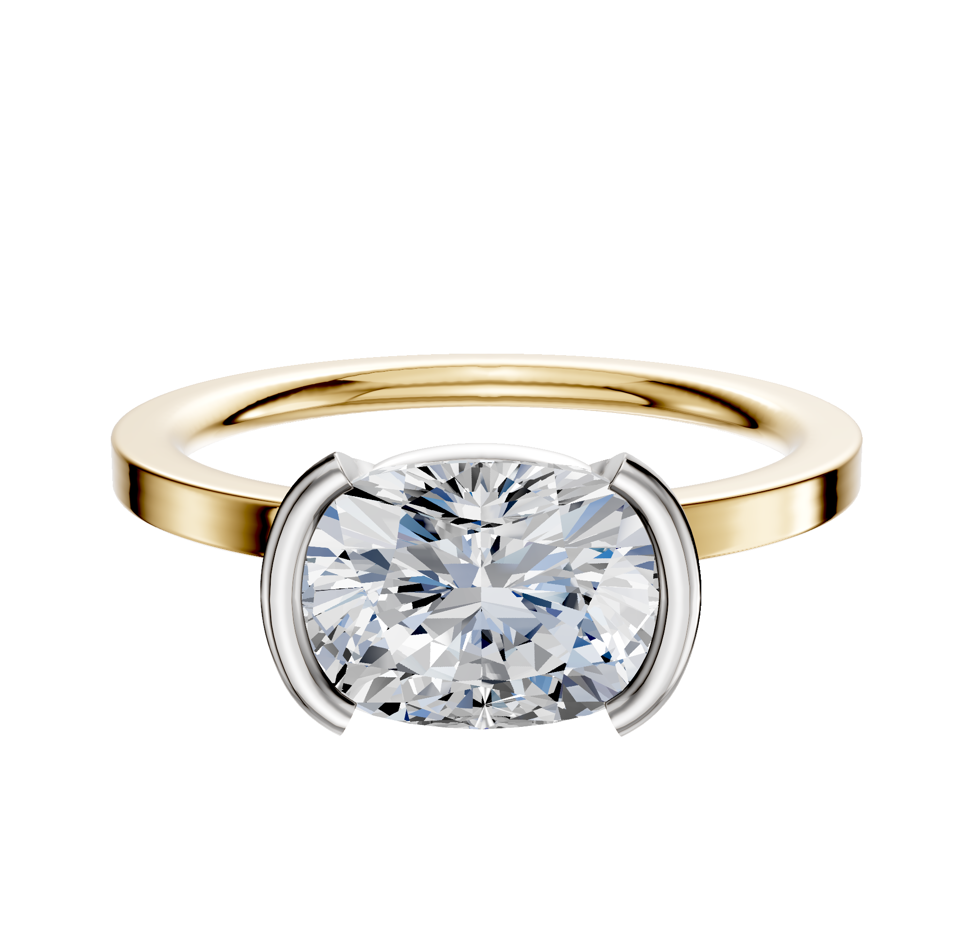 A 14K two-tone Bezel Half Bezel East/West Classic Flat 1.5mm engagement ring displayed on a plain white background.