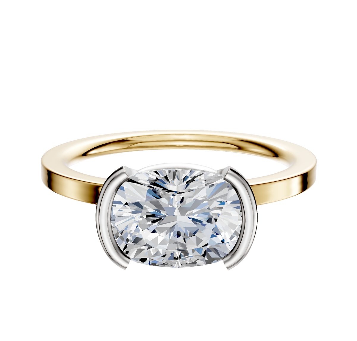 An 18K two-tone bezel half bezel East/West classic flat 1.5mm engagement ring photographed against a plain white background.